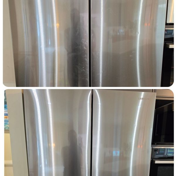Stainless steel fridge doors, smeared before cleaning and polished after